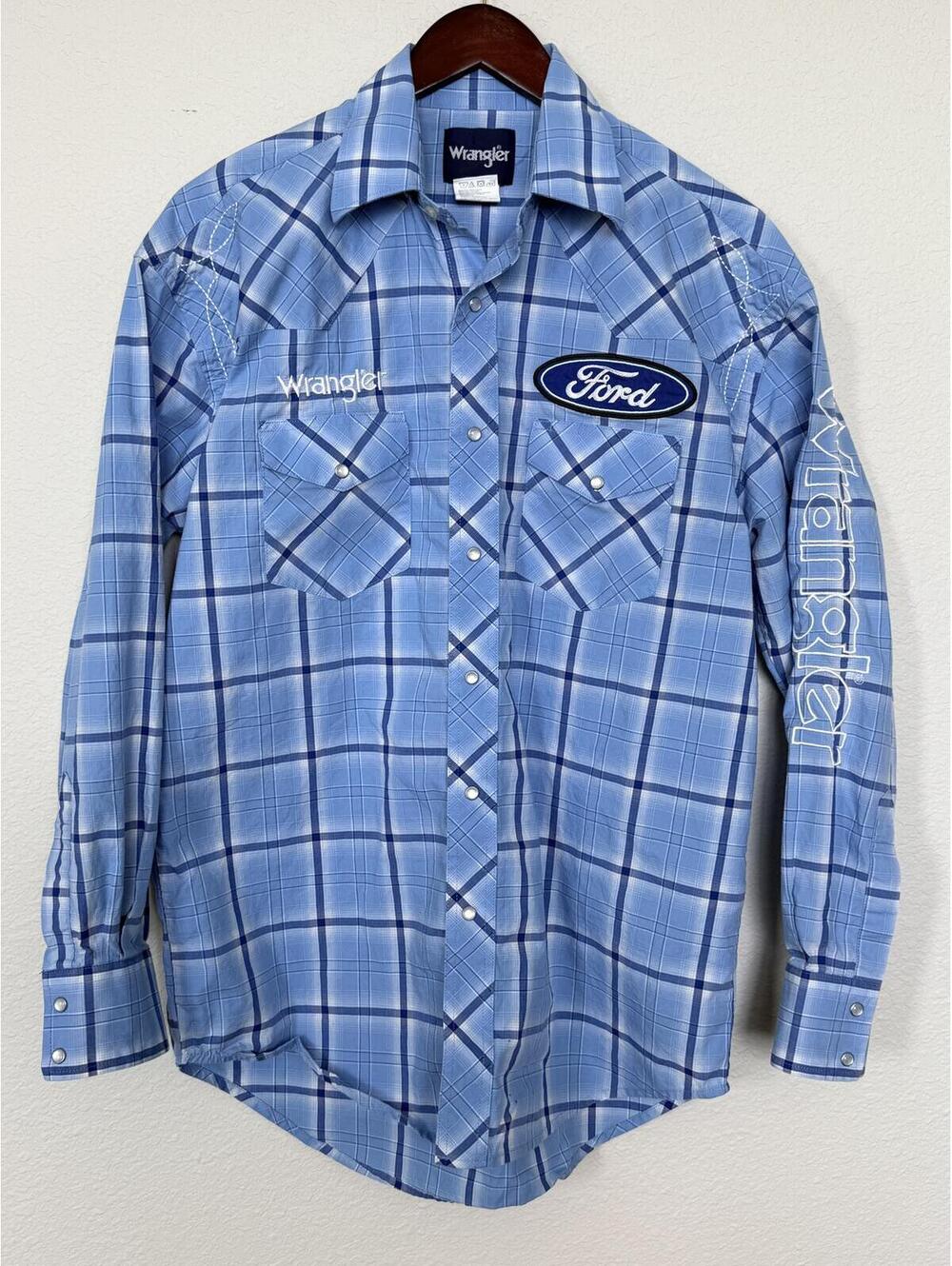 Wrangler Ford Blue Plaid Western Pearl Snap Shirt Men’s M
